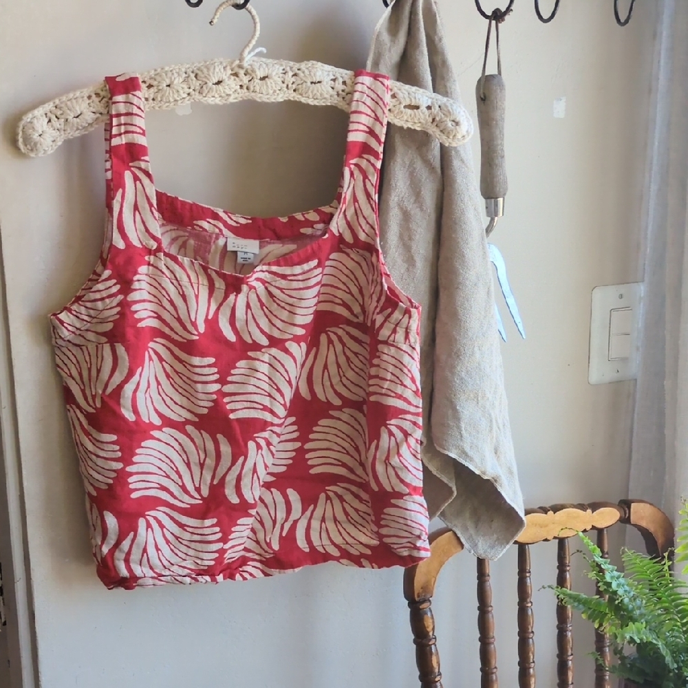 Linen BlendRed and White Patterned Women's Top